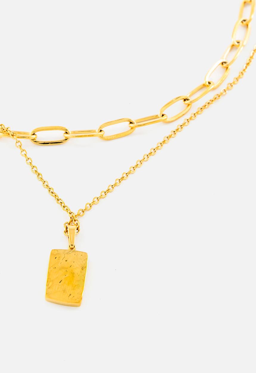 Burnt  - Stacked necklace with paperclip & charm - gold