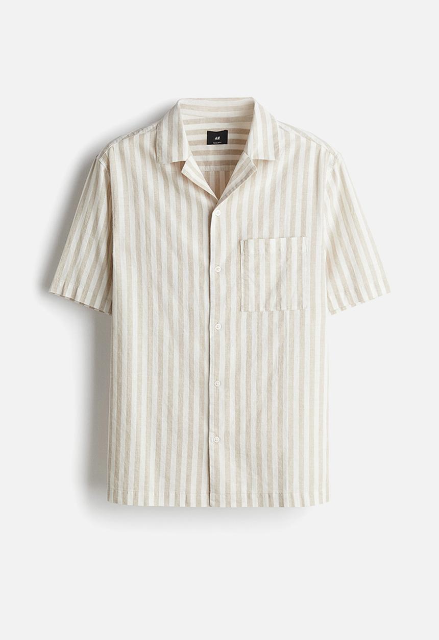 H&M - Regular fit short-sleeved linen-blend shirt - beige/white striped