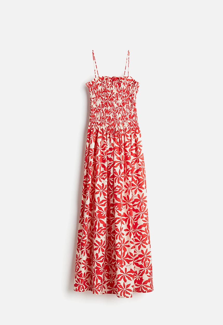 Smocked-bodice strappy dress - white/red floral - 1275861001