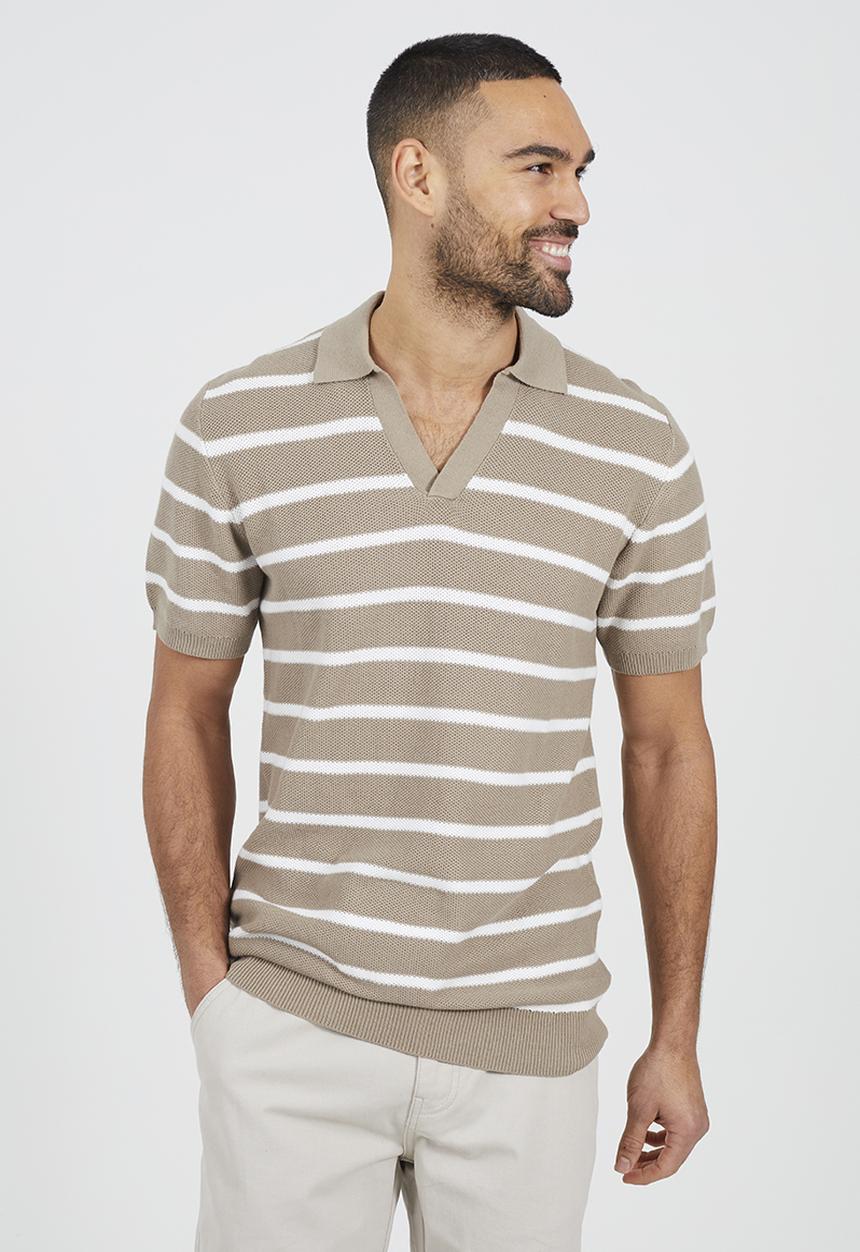 Brave Soul - Short Sleeved Open Collar Polo - Stone & Off White