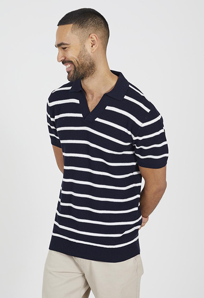 Brave Soul - Short Sleeved Open Collar Polo - Midnight Navy & Vintage White