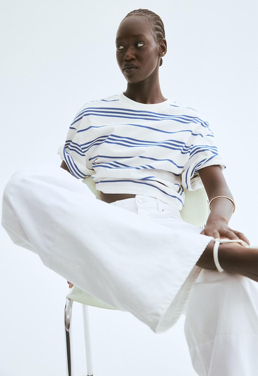 H&M - Cropped t-shirt - white & blue striped