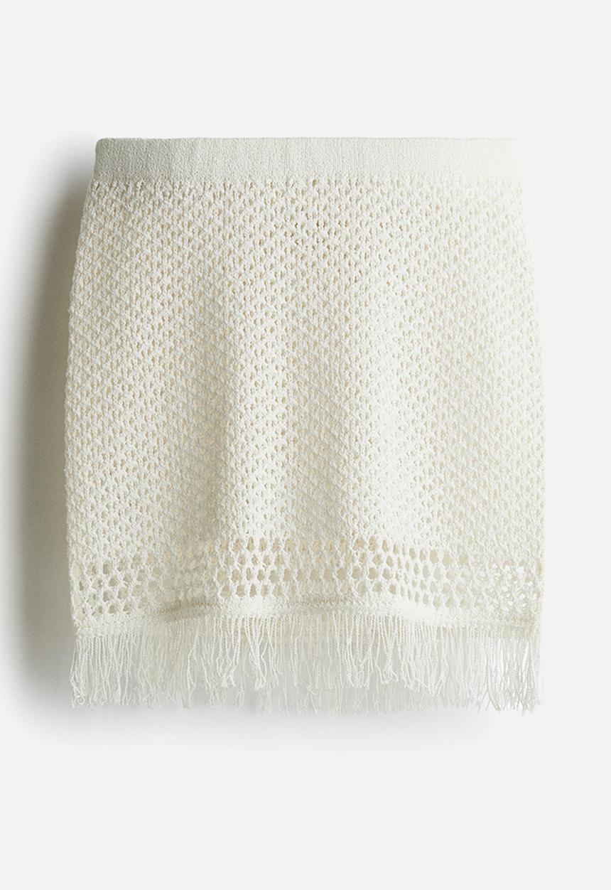 H&M - Fringe-trimmed pointelle-knit skirt - white