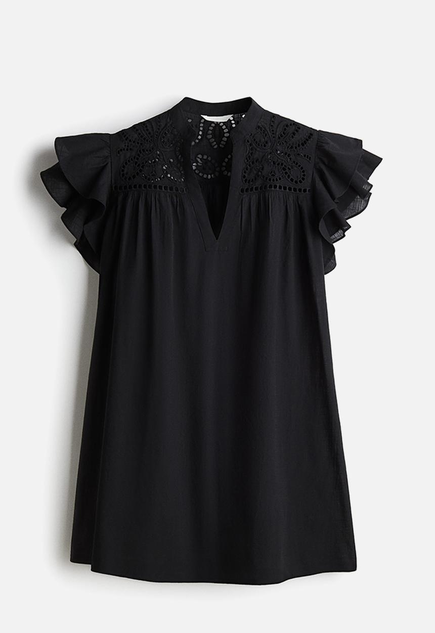 H&M - Flutter-sleeve dress with broderie anglaise - black