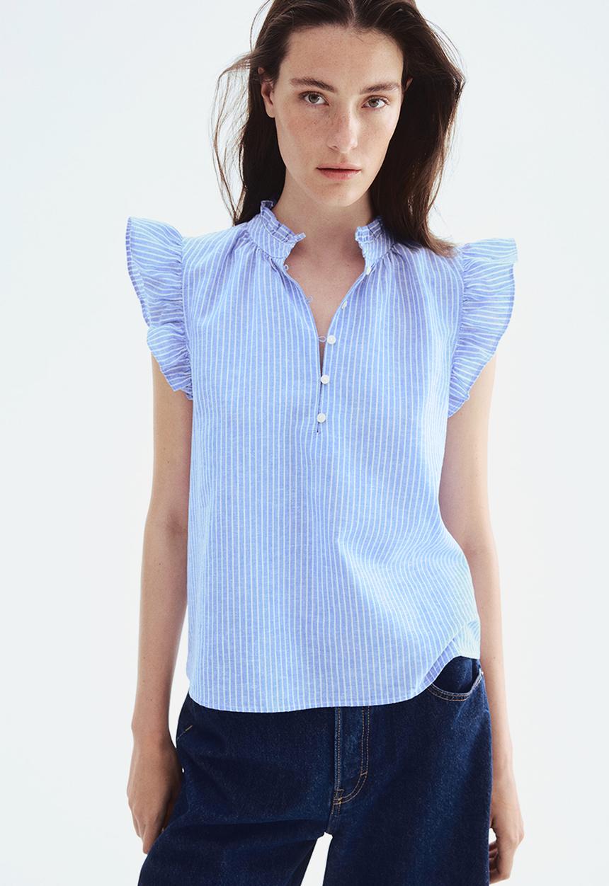 H&M - Linen-blend blouse - light blue striped