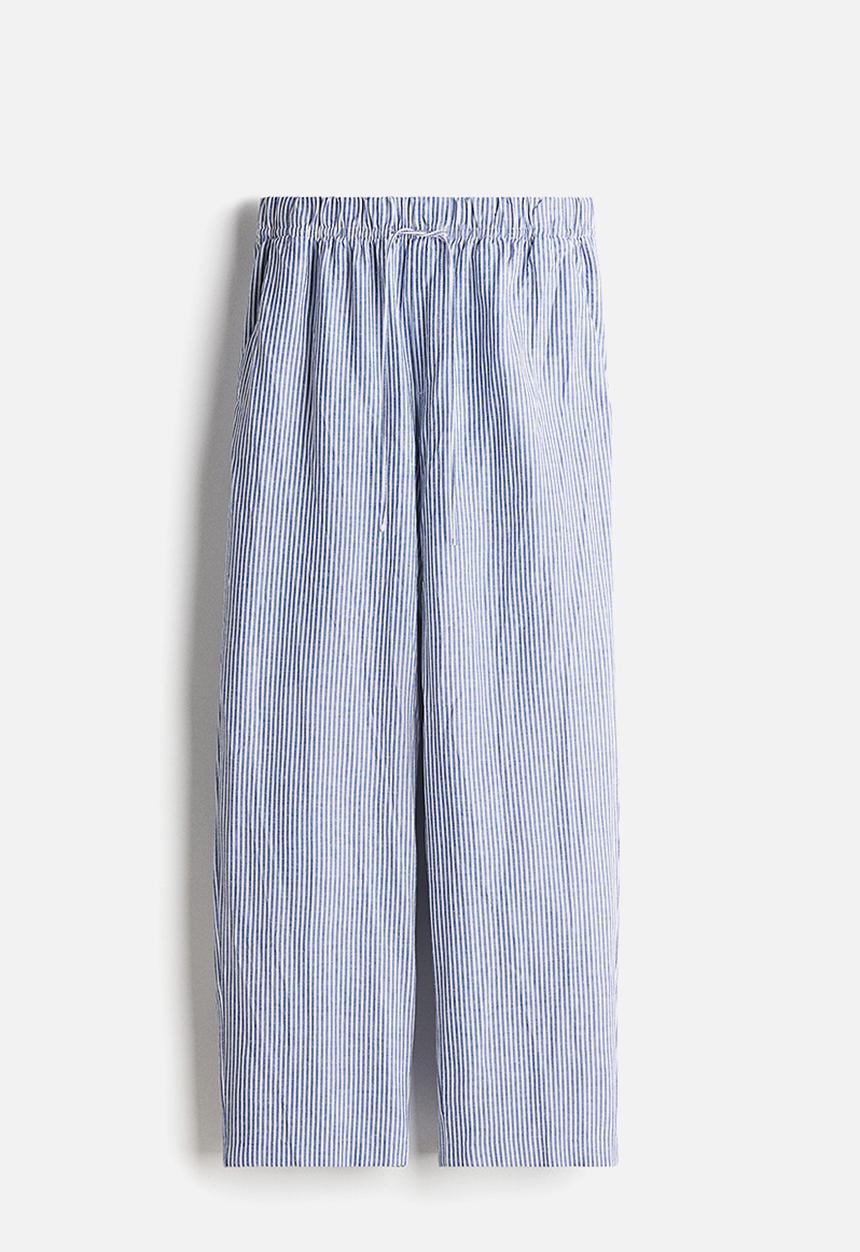 H&M - Linen-blend drawstring trousers - dark blue & white striped