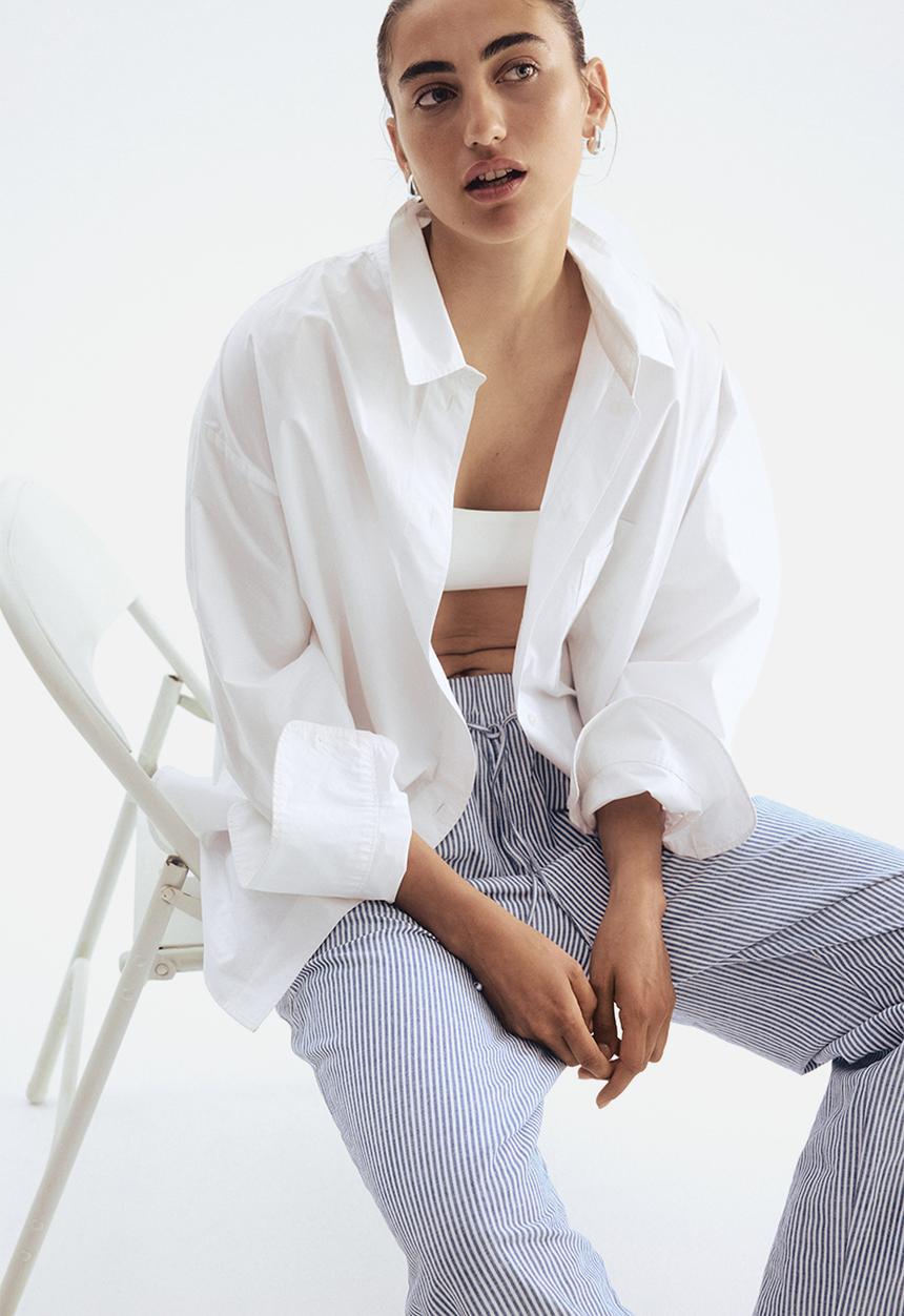 H&M - Linen-blend drawstring trousers - dark blue & white striped