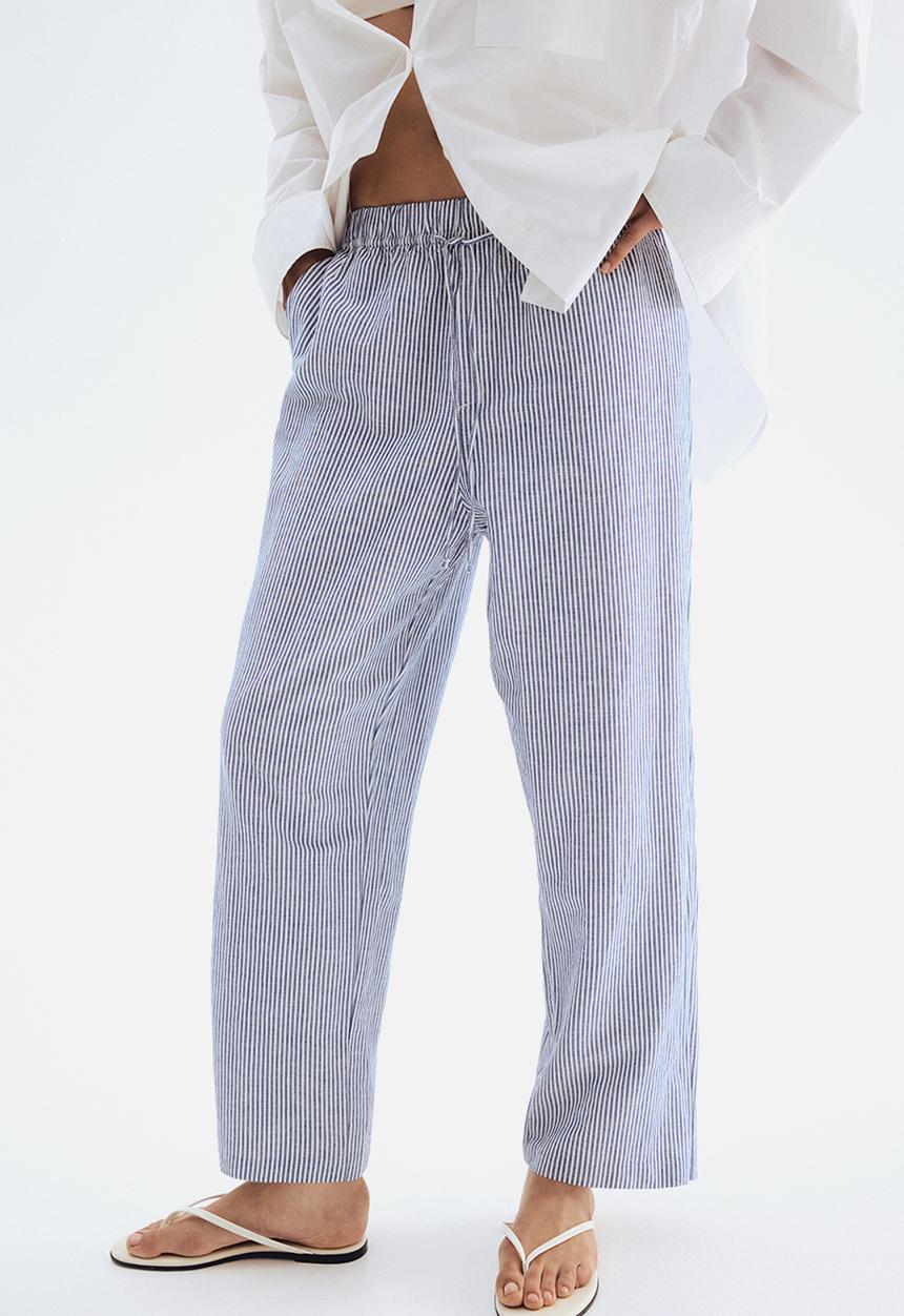 H&M - Linen-blend drawstring trousers - dark blue & white striped