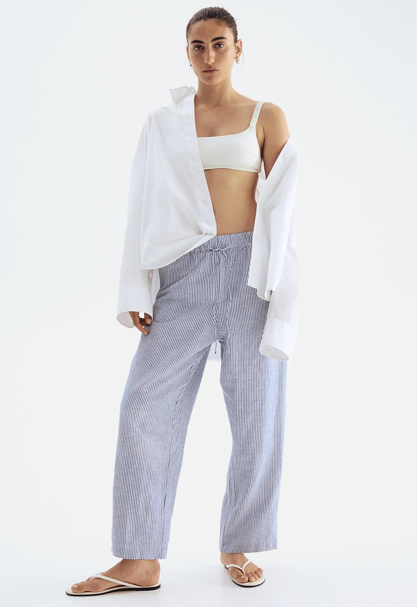 H&M - Linen-blend drawstring trousers - dark blue & white striped