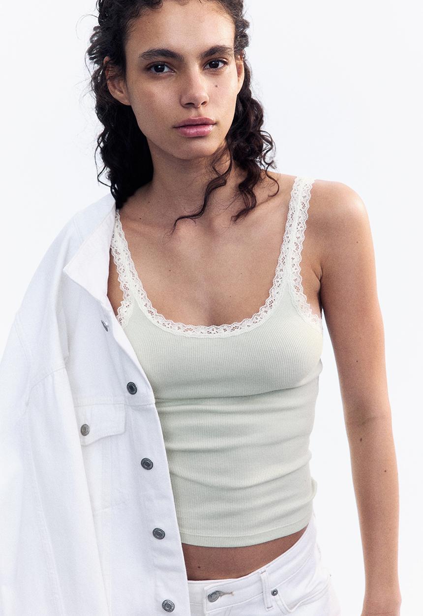 H&M - Lace-trimmed vest top - light green 