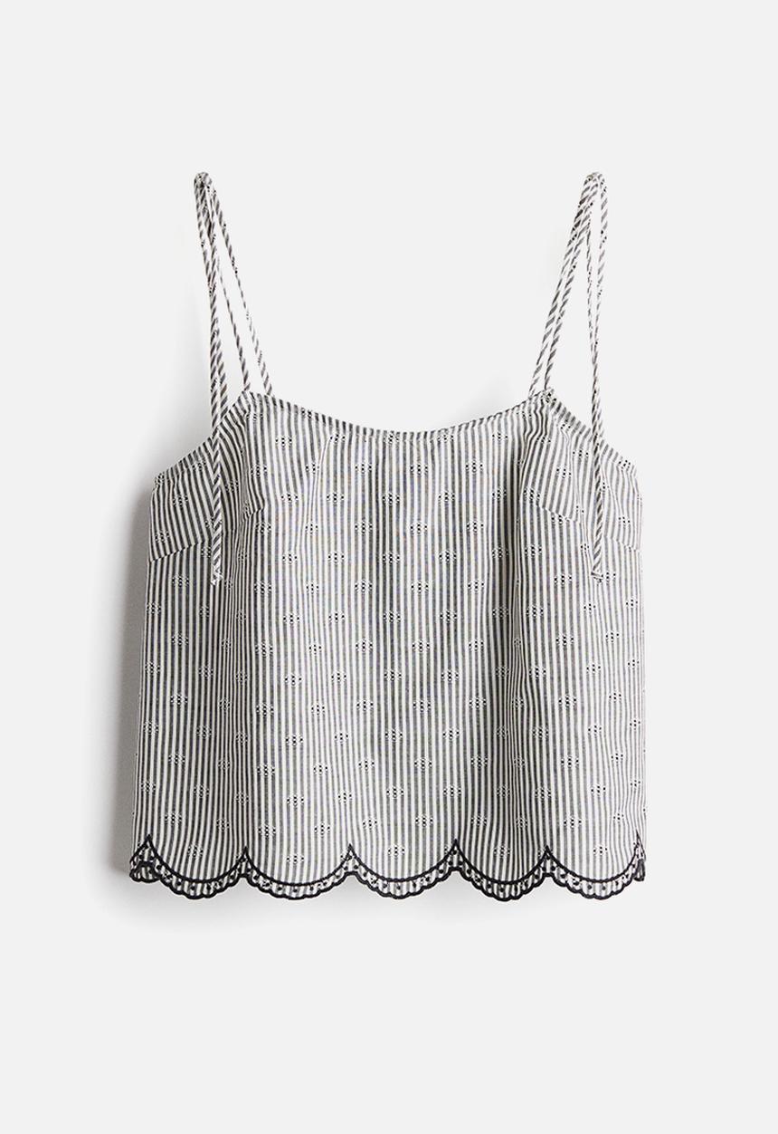 H&M - Embroidered tie-strap top - white & black striped
