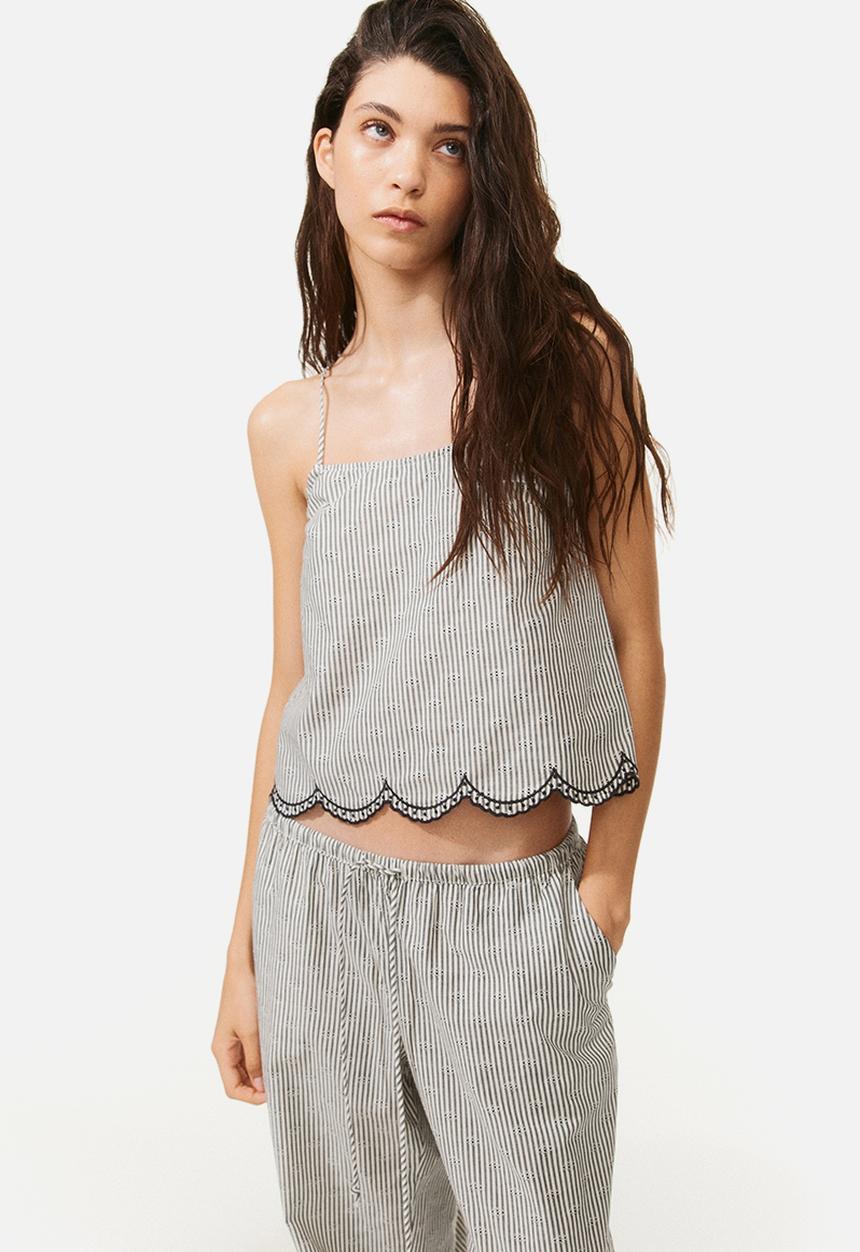 H&M - Embroidered tie-strap top - white & black striped
