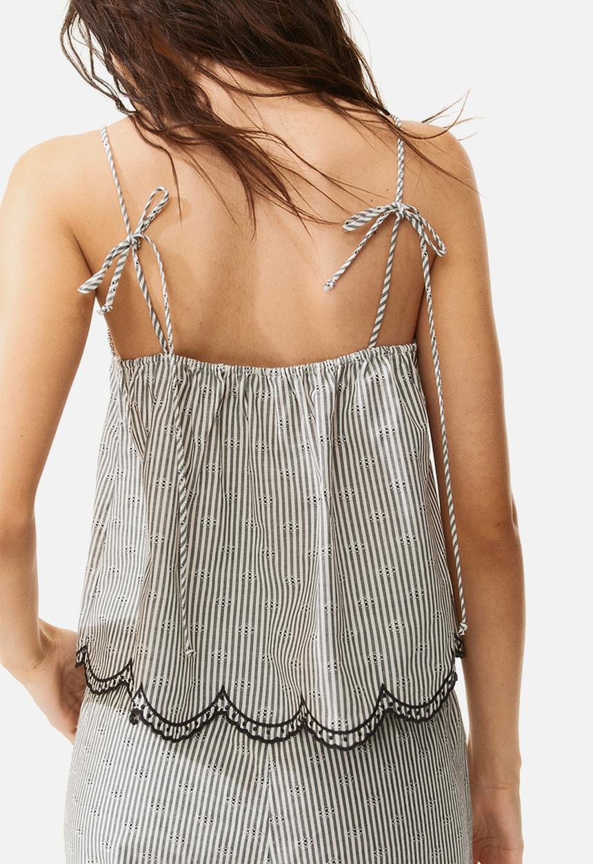 H&M - Embroidered tie-strap top - white & black striped