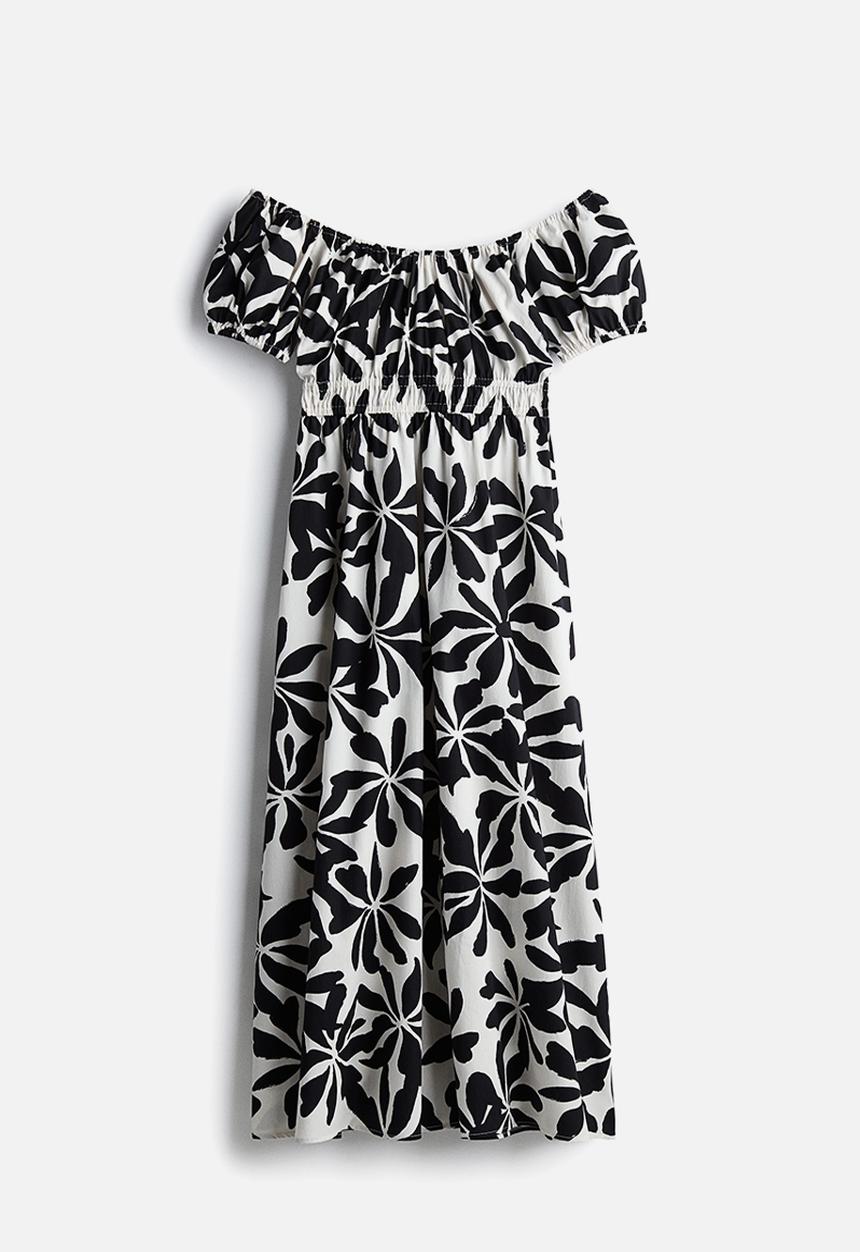 H&M - Off-the-shoulder poplin dress - white & black floral
