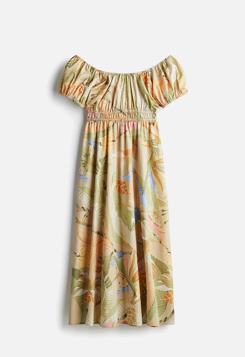 H&M - Off-the-shoulder poplin dress - beige floral