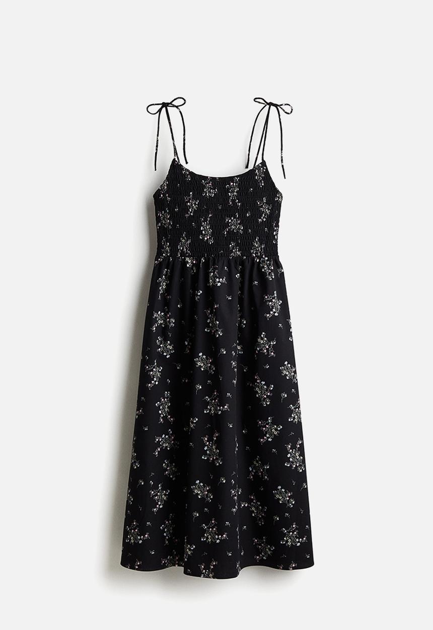 knee length dresses for ladies Black Leafy Floral Smocked Seaton Midi Dress