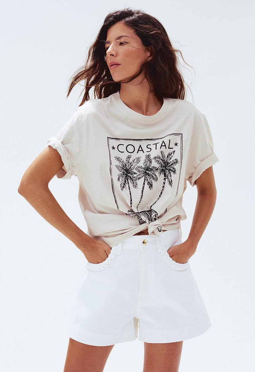 H&M - Printed T-shirt - light beige/coastal oasis