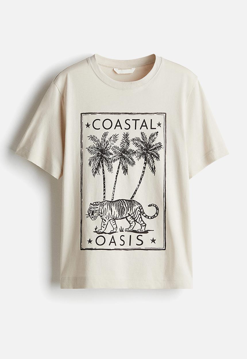 H&M - Printed T-shirt - light beige/coastal oasis