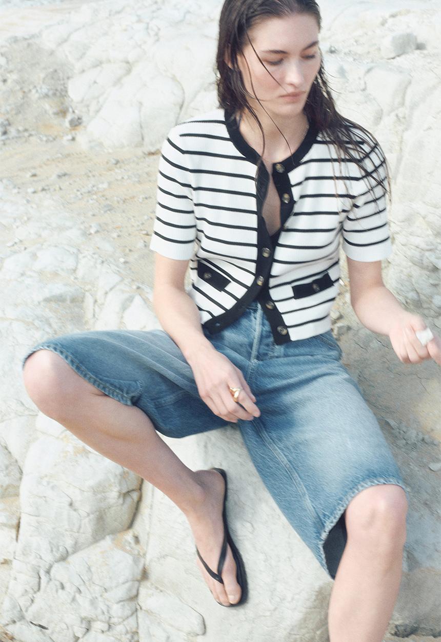 H&M - Short rib-knit cardigan - white/black striped