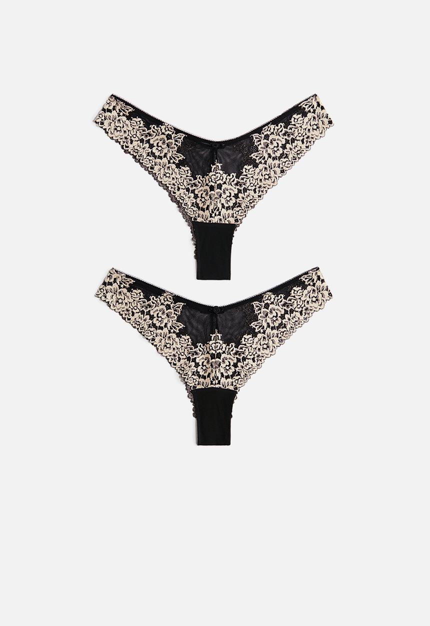 H&M - 2-Pack lace brazilian briefs - black/cream 