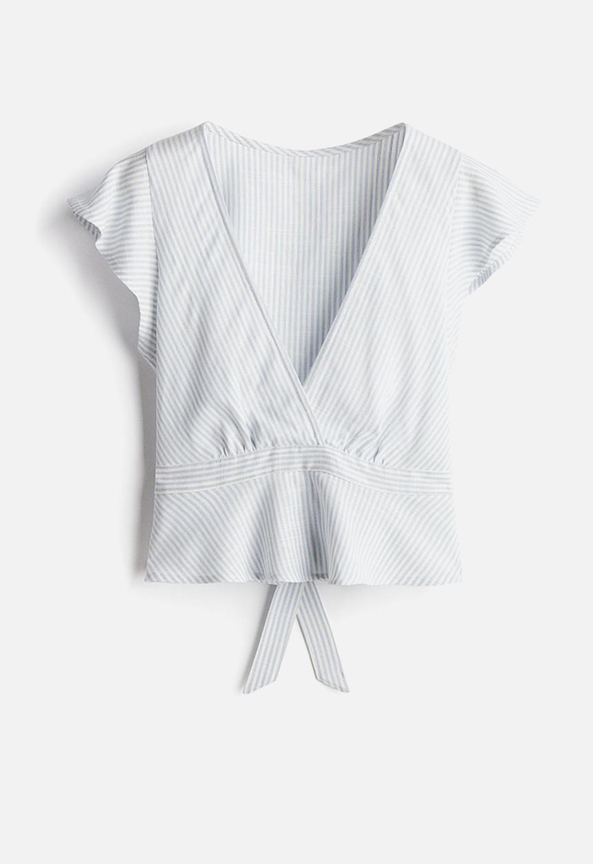 H&M - Linen-blend blouse - light blue/striped