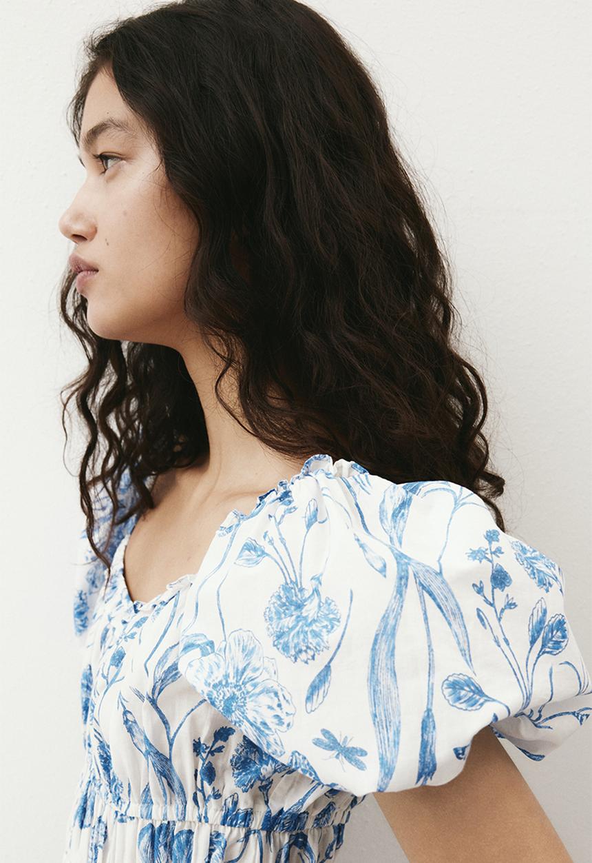 H&M - Bubble-hem cotton dress - white & blue floral 