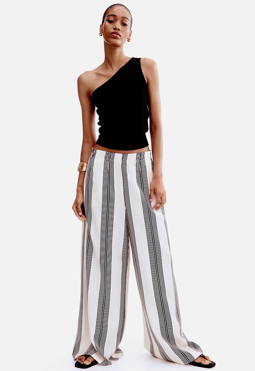 H&M - Wide pull-on trousers - cream & black striped 
