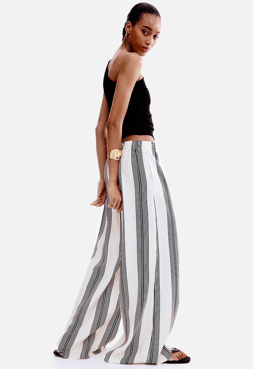 H&M - Wide pull-on trousers - cream & black striped 