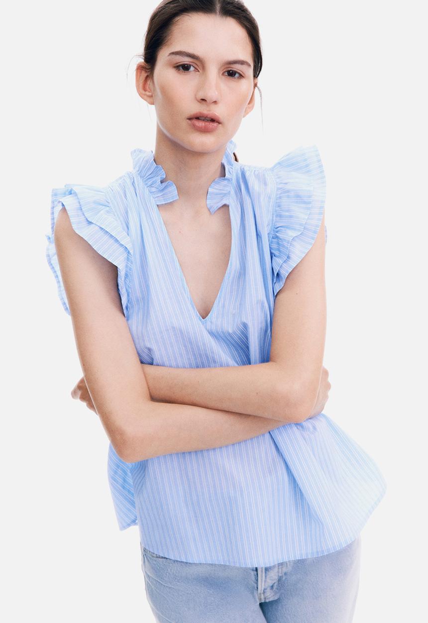 H&M - Frill-trimmed blouse - light blue striped
