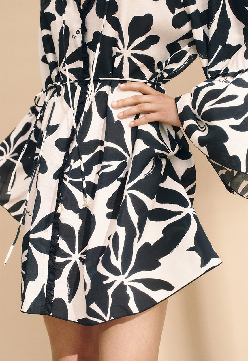 H&M - Trumpet-sleeved tunic dress - white/black floral
