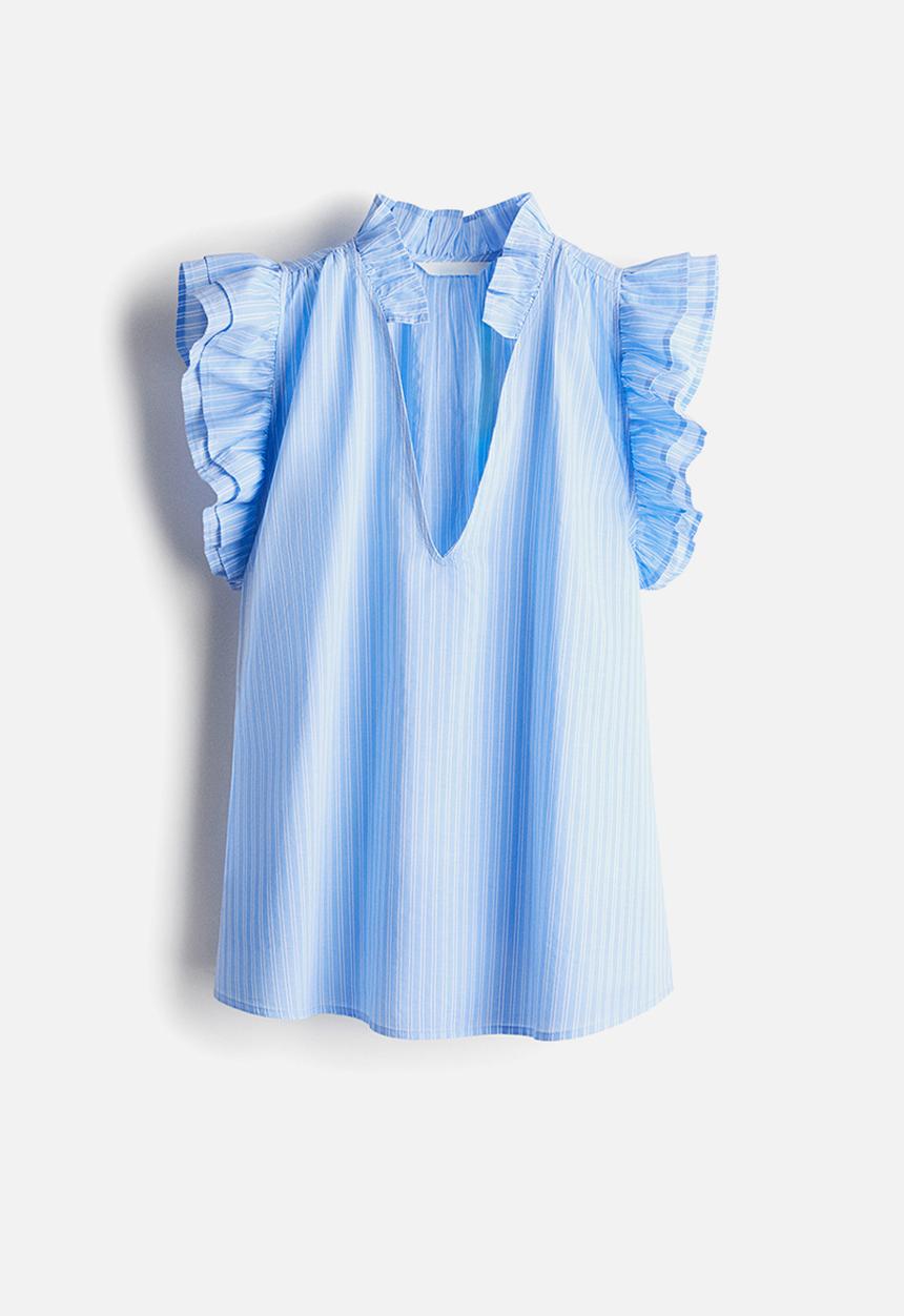 H&M - Frill-trimmed blouse - light blue striped