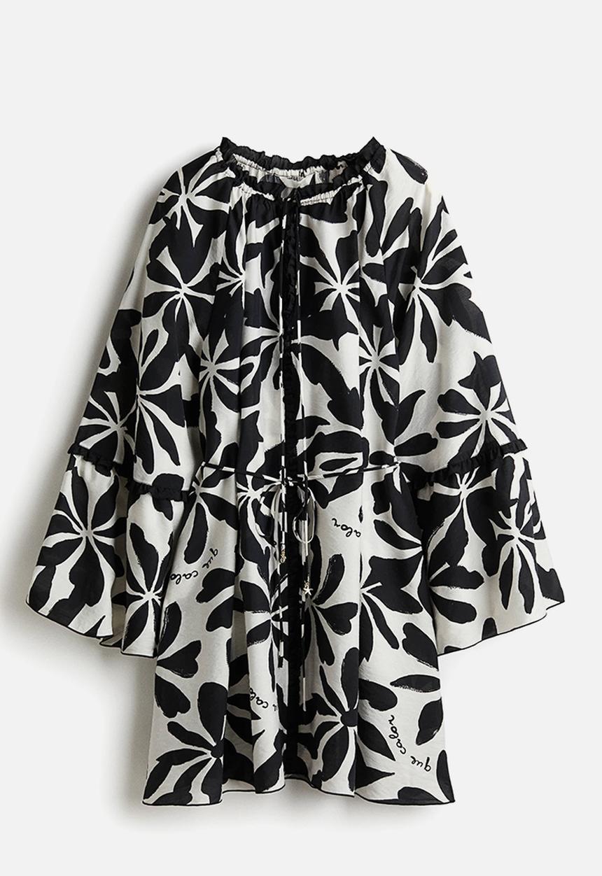 H&M - Trumpet-sleeved tunic dress - white/black floral