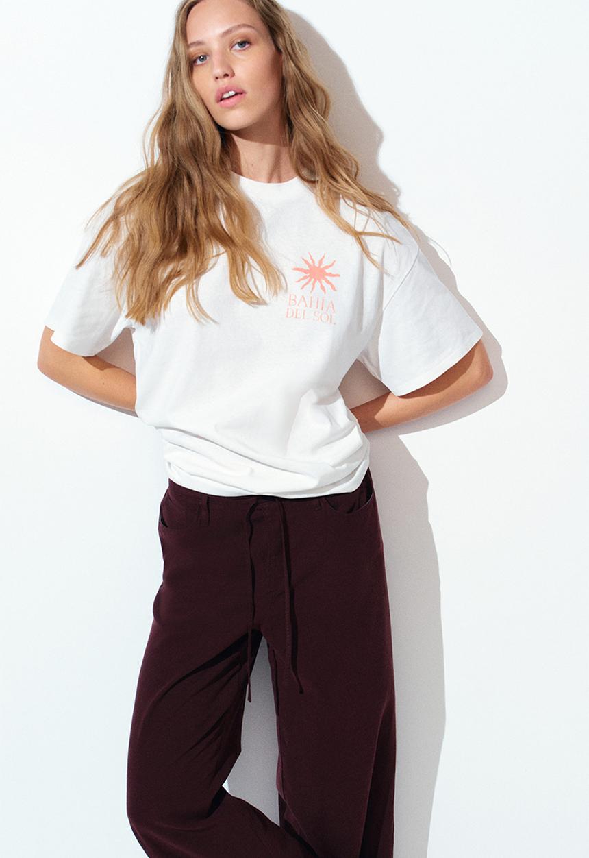 H&M - Linen-blend drawstring trousers - burgundy