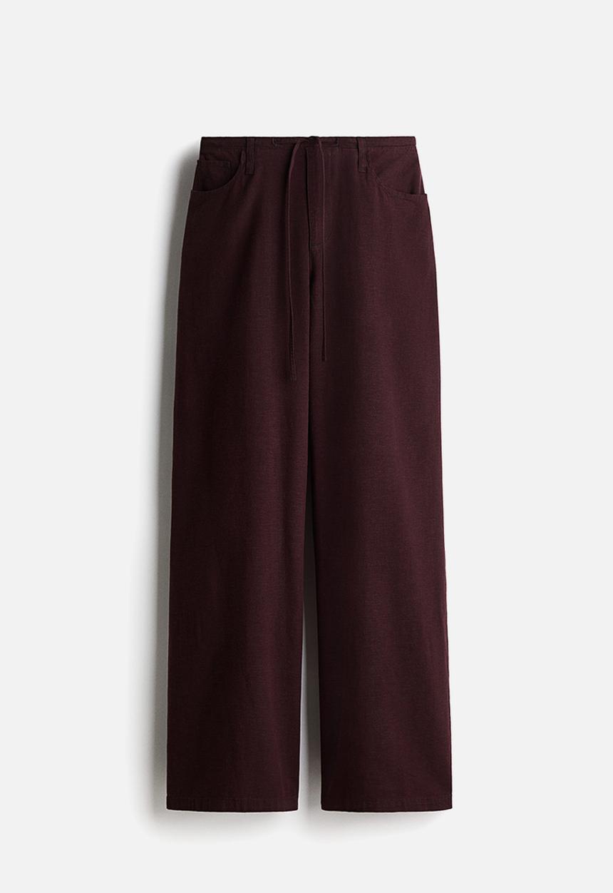 H&M - Linen-blend drawstring trousers - burgundy