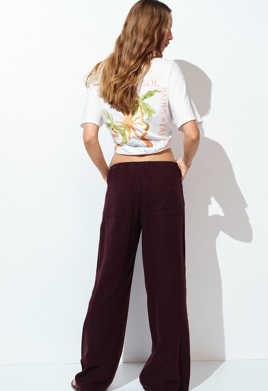 H&M - Linen-blend drawstring trousers - burgundy