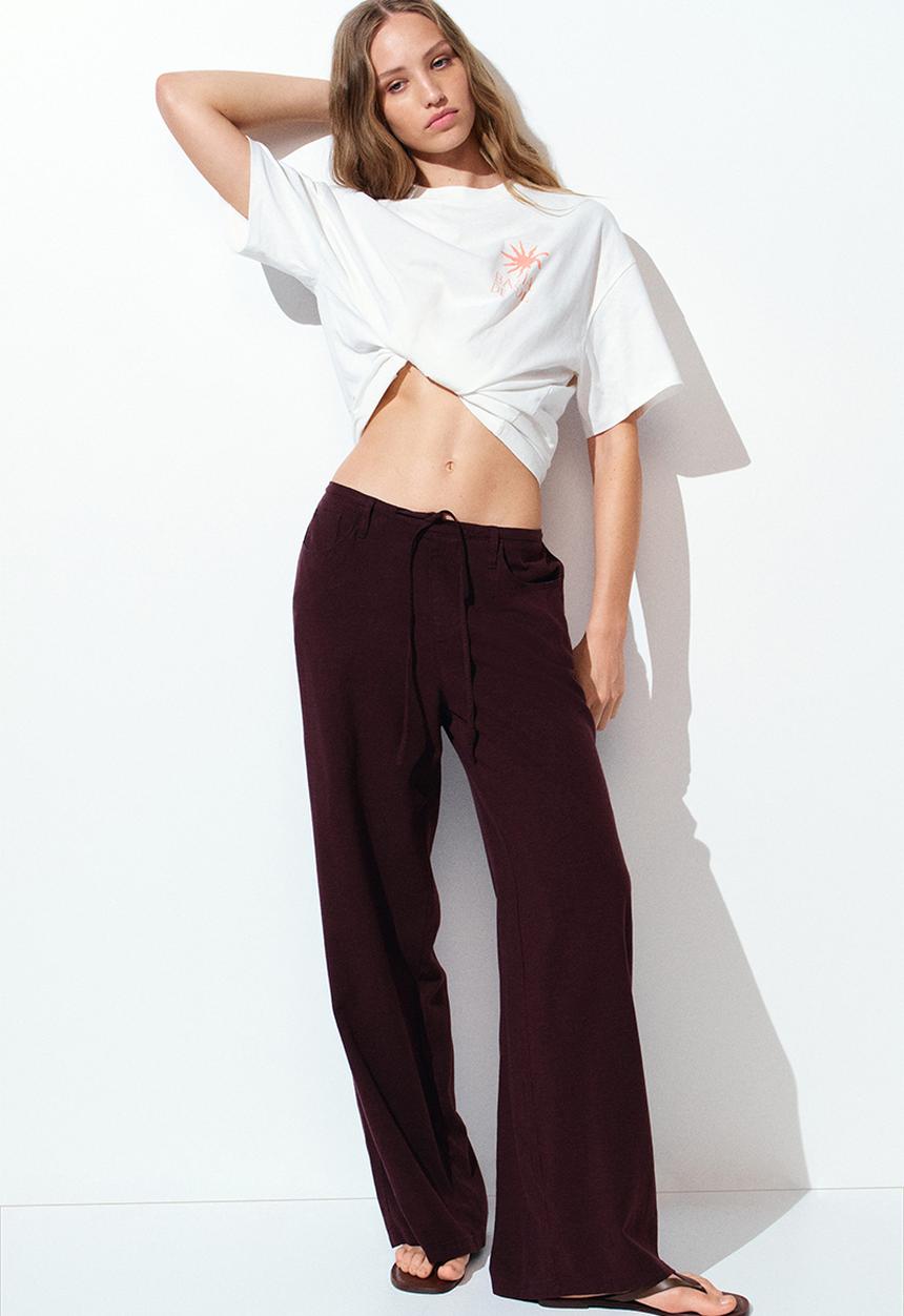 H&M - Linen-blend drawstring trousers - burgundy