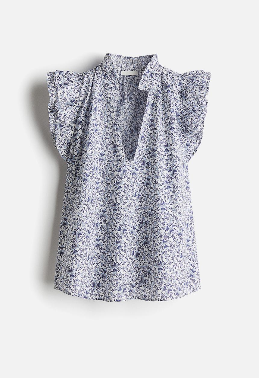H&M - Frill-trimmed blouse - white & blue floral 