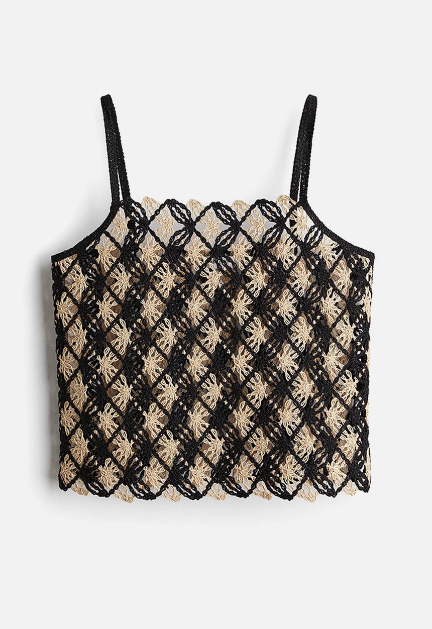 H&M - Crochet-look strappy top - black/light beige