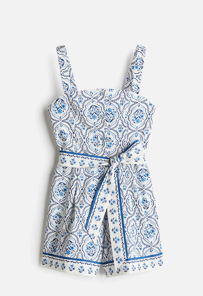 H&M - Cotton poplin playsuit - white & blue patterned