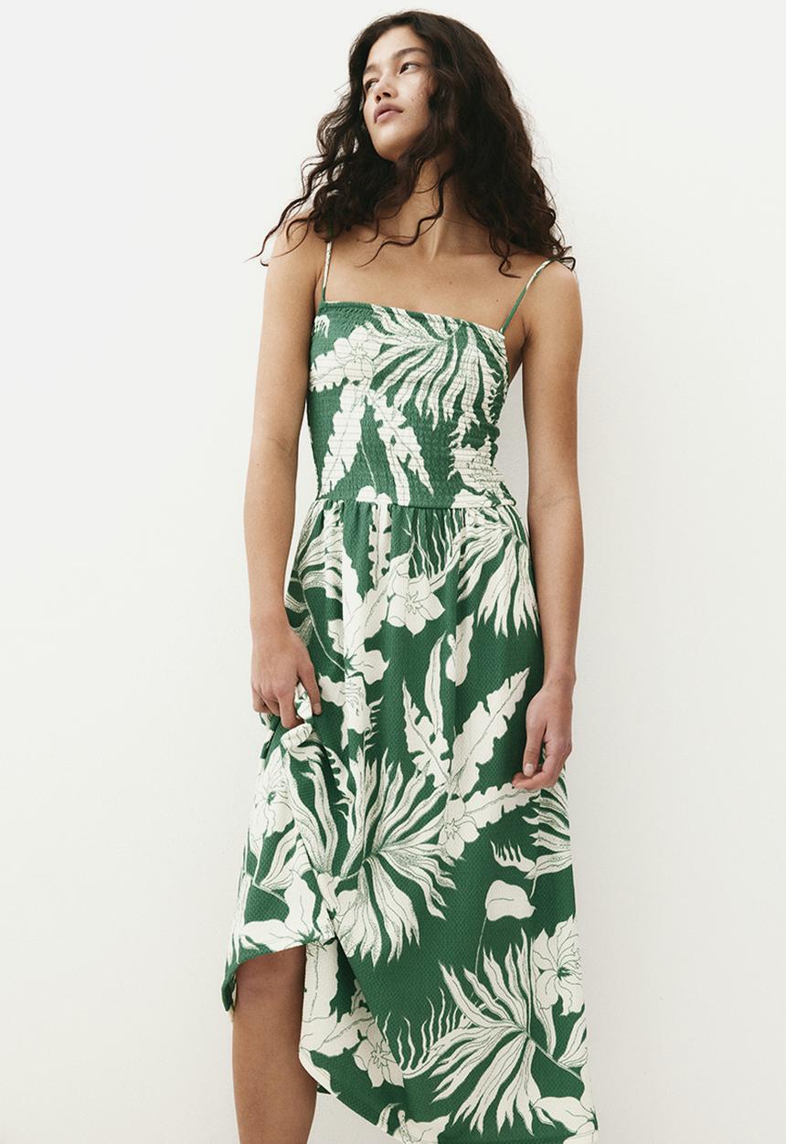 H&M - Smocked strappy dress -green/white floral 