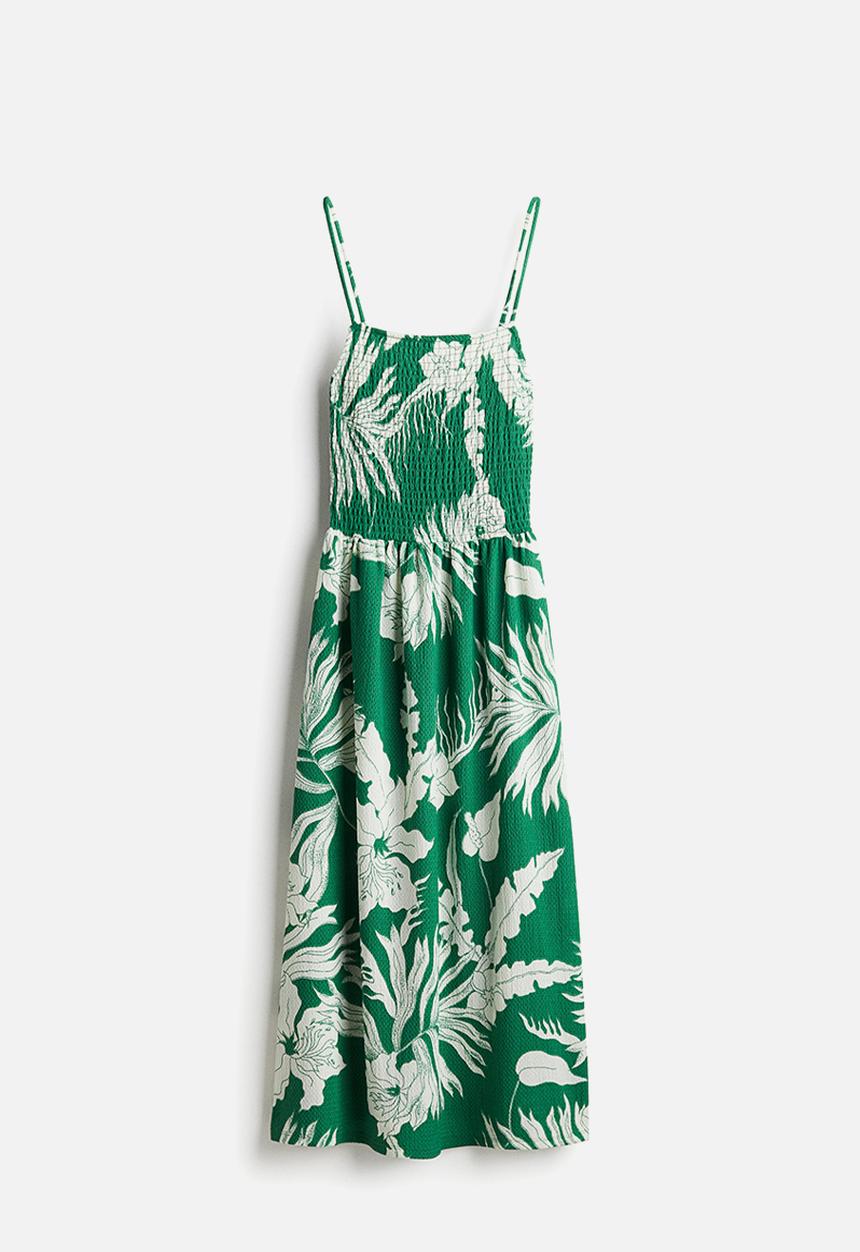 H&M - Smocked strappy dress -green/white floral 