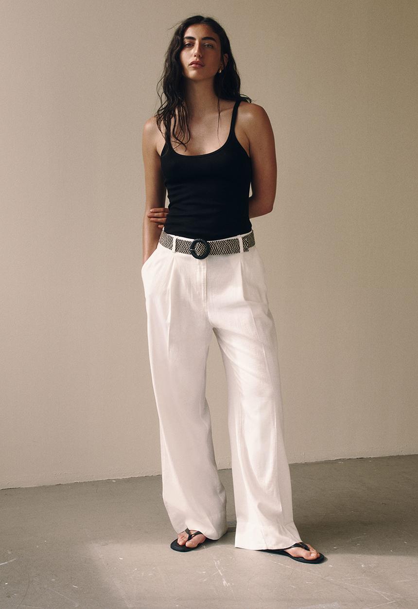 H&M - Linen-blend belted trousers - white