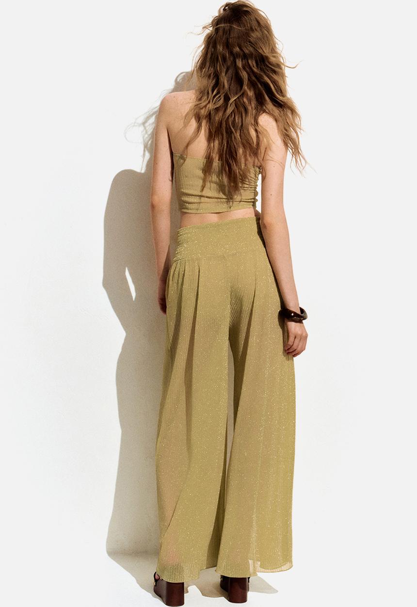 H&M - Glittery smocked-waist trousers - dusty yellow