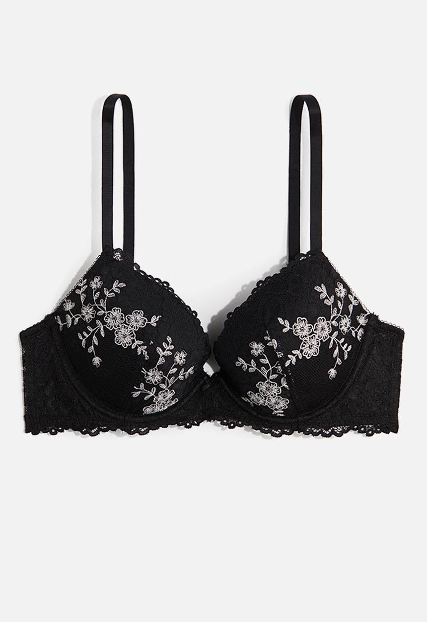 H&M - Embroidered lace push-up bra - black
