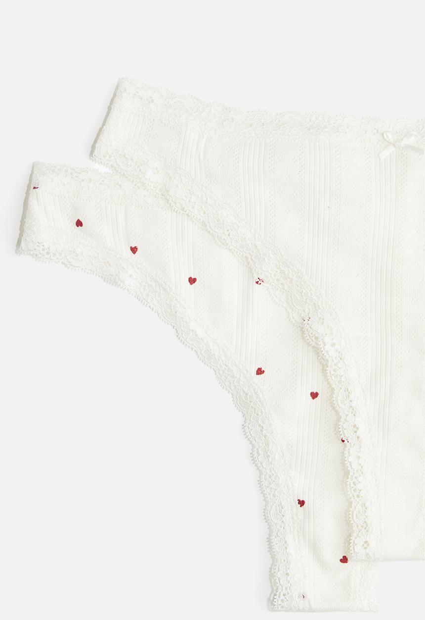 H&M - 2-Pack cotton pointelle brazilian briefs - white hearts