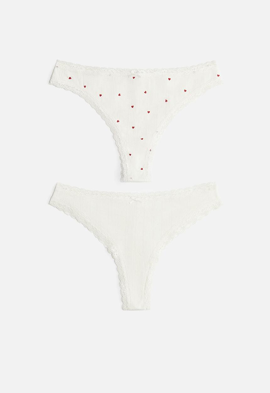 H&M - 2-Pack cotton pointelle brazilian briefs - white hearts