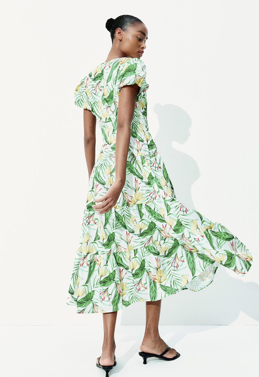 H&M - Tiered-skirt poplin dress - white/floral 