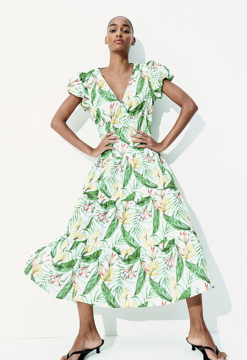 H&M - Tiered-skirt poplin dress - white/floral 