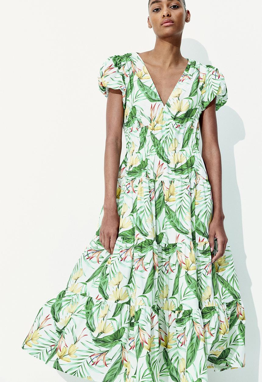 H&M - Tiered-skirt poplin dress - white/floral 