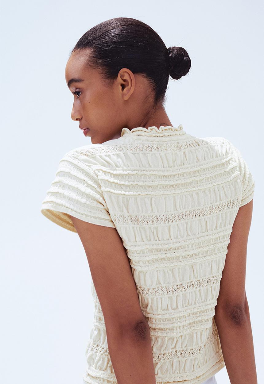 H&M - Smocked pointelle-knit top - cream